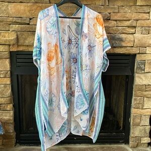 Kimono caftan cover up wrap one size turquoise blue coral white orange